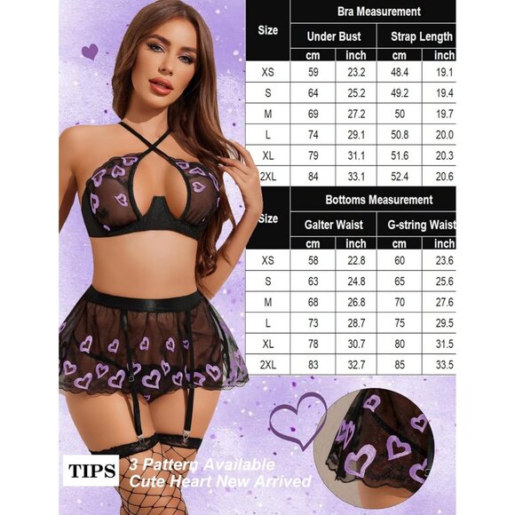 Women Purple Heart Garter Lingerie Set with Underwire 3 Piece Lace High - Picture 6 of 6